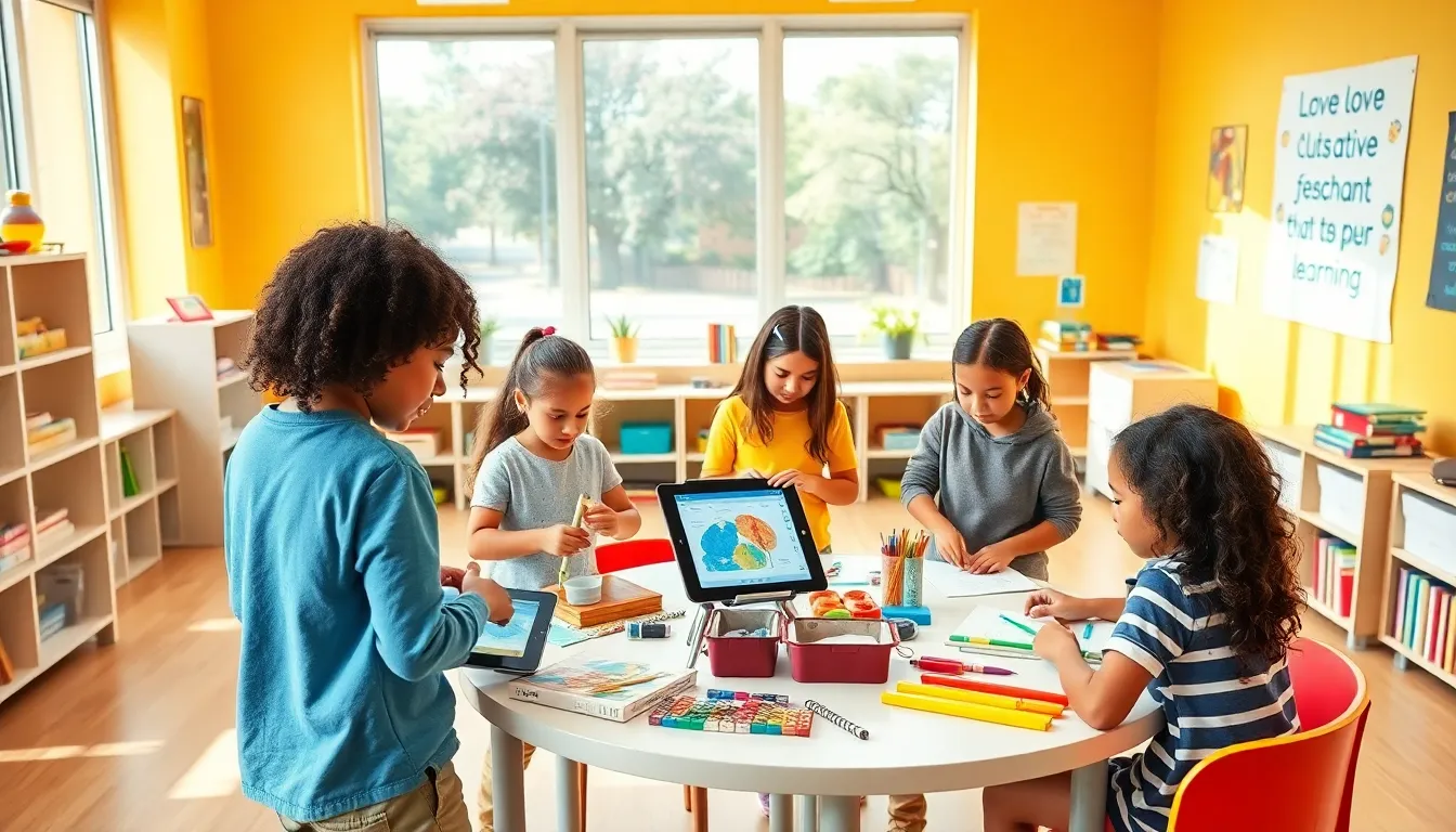 diverse children engaging in hands-on projects in a bright classroom.
