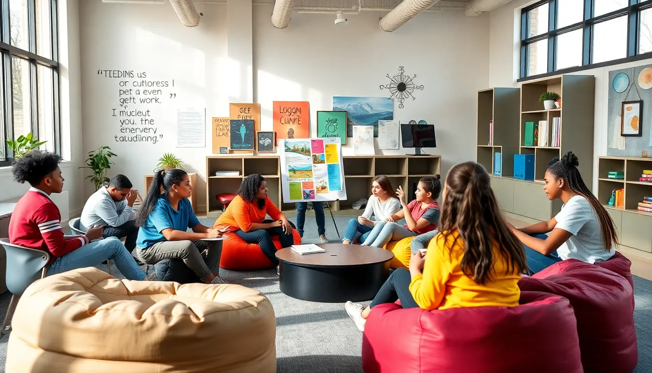 diverse students collaborating in a modern alternative education classroom.