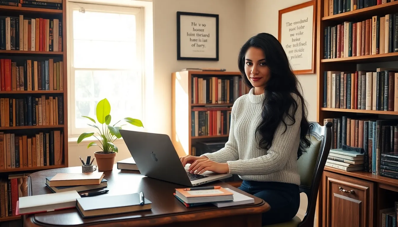 Ralmarin Helros writing at a desk filled with books and sunlight.