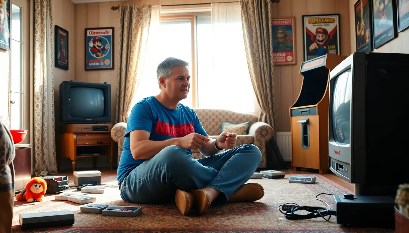 A man playing Nintendo NES games in a nostalgic living room.